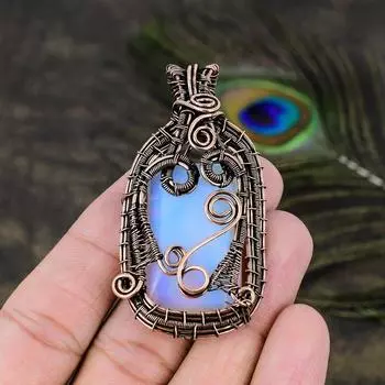 Подарочный кулон из медной проволоки ручной работы с натуральным молочным опалом 2,56 p4J21