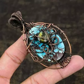 Подарочный кулон из медной проволоки с натуральным тибетским бирюзовым камнем 3,27 дюйма A7P46