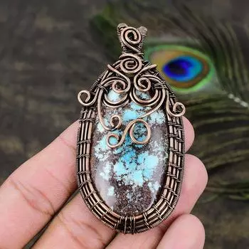 Подарочный кулон из медной проволоки с натуральным тибетским бирюзовым камнем 3,11 V1h90
