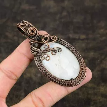 Подарочный кулон из медной проволоки с натуральным радужным лунным камнем 3,07 дюйма P0L36