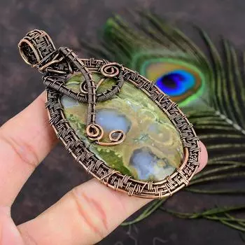 Подарочный кулон из медной проволоки с натуральным тропическим яшмом и драгоценным камнем 3,66 o4o53