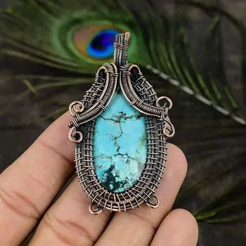 Подарочный кулон из медной проволоки с натуральным тибетским бирюзовым камнем 2,64 дюйма I0R58