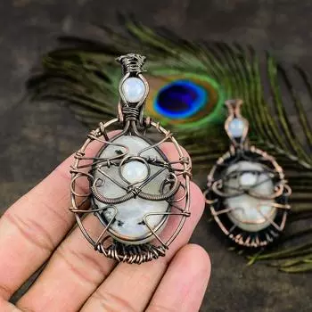 Подарочный кулон из медной проволоки с натуральным радужным лунным камнем, 3,35 дюйма, N7b22