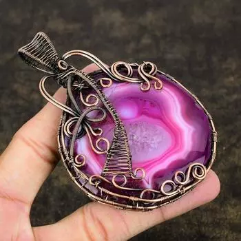 Подарочный кулон из медной проволоки с натуральным розовым драгоценным камнем Ботсвана Друзы 3,94 дюйма F7u40