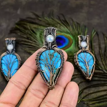 Подарочный кулон из медной проволоки с натуральным тибетским бирюзовым камнем 3,07 дюйма U5e18