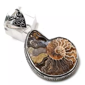 Подарочный кулон из стерлингового серебра 925 пробы, натуральный аммонит, ископаемый драгоценный камень, 2,25 дюйма, E9A68