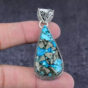Подарочный кулон из стерлингового серебра 925 пробы с натуральным пиритом и бирюзой, 2,36 дюйма, Y7i74