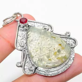 Подарочный кулон из стерлингового серебра 925 пробы с натуральным пренитом и гранатом 2,44 дюйма F5a60