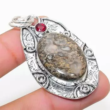 Подарочный кулон из стерлингового серебра 925 пробы с натуральным русским дендритным гранатом 2,29 дюйма w0Z44