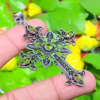 Подарочный кулон из стерлингового серебра 925 пробы с натуральным крестом-перидотом 2,68 дюйма S4j38