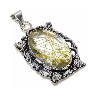 Подарочный кулон из стерлингового серебра 925 пробы с натуральным золотым рутилом 2,01 дюйма b5L45