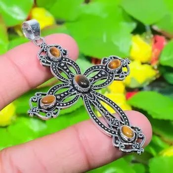 Подарочный кулон из стерлингового серебра 925 пробы с натуральным крестом и тигровым глазом 2,68 дюйма K7R15