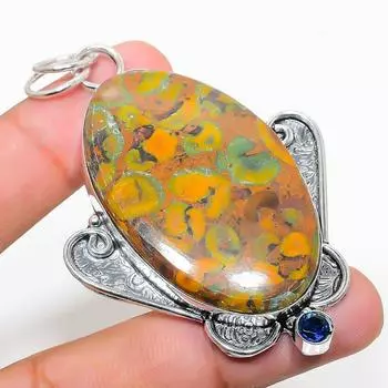 Подарочный кулон из стерлингового серебра 925 пробы с натуральной бамбуковой яшмой и голубым топазом 2,84 дюйма h6B31