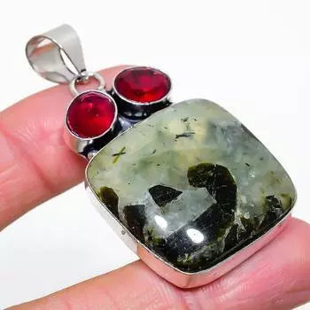 Подарочный кулон из стерлингового серебра 925 пробы с натуральным пренитом и гранатом 2,25 дюйма g3M46