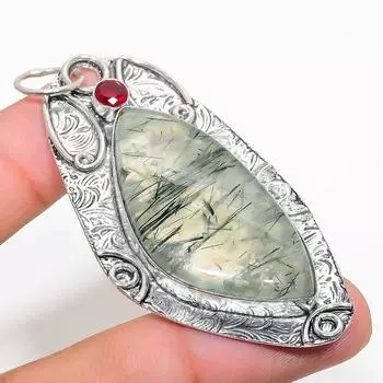 Подарочный кулон из стерлингового серебра 925 пробы с натуральным пренитом и гранатом 2,84 дюйма F3g77