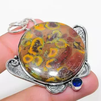 Подарочный кулон из стерлингового серебра 925 пробы с натуральной бамбуковой яшмой и голубым топазом 2,36 дюйма p7U56