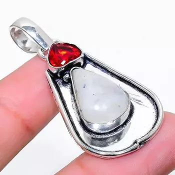 Подарочный кулон из стерлингового серебра 925 пробы с натуральным радужным лунным камнем и гранатом 1,93 дюйма C9J30