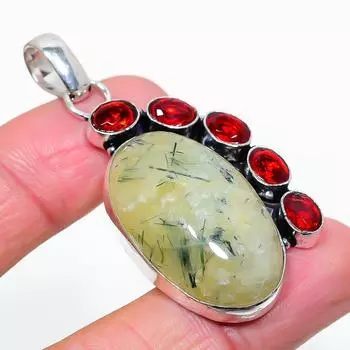 Подарочный кулон из стерлингового серебра 925 пробы с натуральным пренитом и гранатом 2,29 дюйма j1B17