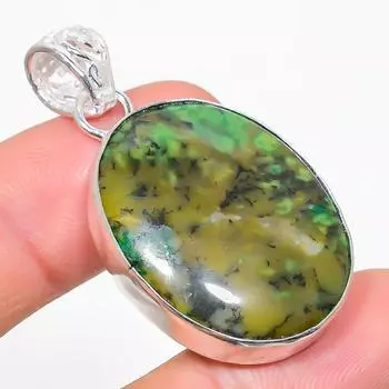 Подарочный кулон из стерлингового серебра 925 пробы с натуральным зеленым дендритным драгоценным камнем 1,81 дюйма S0v75