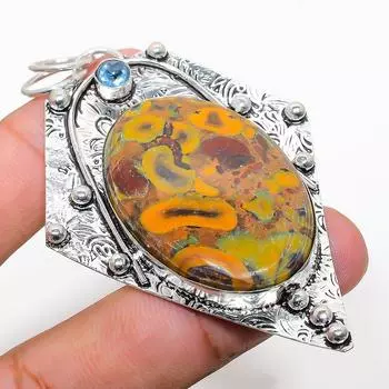 Подарочный кулон из стерлингового серебра 925 пробы с натуральной бамбуковой яшмой и голубым топазом 3,03 дюйма q3E87