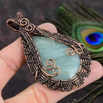 Подарочный кулон ручной работы из медной проволоки с натуральным аквамарином и драгоценным камнем 3,23 J8J38