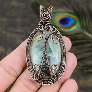 Подарочный кулон ручной работы из медной проволоки с натуральным аквамарином 2,96 z2J22