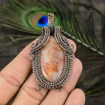 Подарочный кулон ручной работы из медной проволоки из натурального солнечного камня 2,76 дюйма A7V59