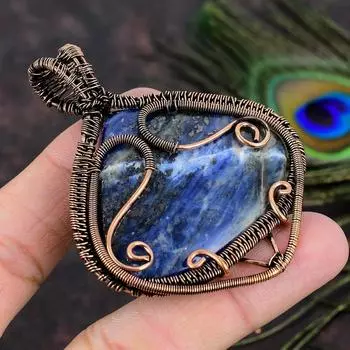 Подарочный кулон ручной работы из медной проволоки с натуральным драгоценным камнем содалитом 2,88 w8y01