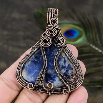 Подарочный кулон ручной работы из медной проволоки с натуральным драгоценным камнем содалитом 3,03 v9t15