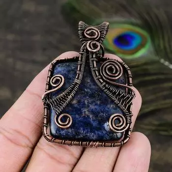 Подарочный кулон ручной работы из медной проволоки с натуральным драгоценным камнем содалитом 2,44 c3H98