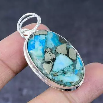 Подарочный кулон ручной работы из стерлингового серебра 925 пробы с натуральной бирюзой и пиритом 2,09 дюйма j6V63