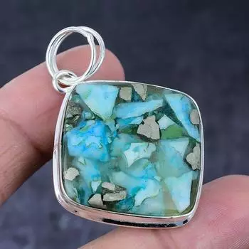 Подарочный кулон ручной работы из стерлингового серебра 925 пробы с натуральной бирюзой и пиритом 2,17 дюйма k8e36
