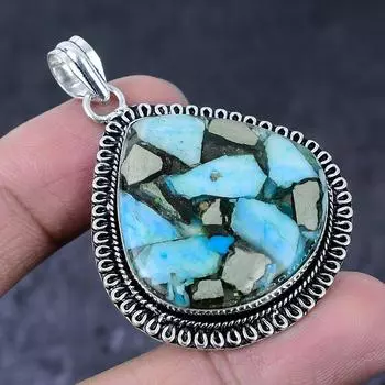 Подарочный кулон ручной работы из стерлингового серебра 925 пробы с натуральной бирюзой и пиритом 2,17 дюйма I8M43