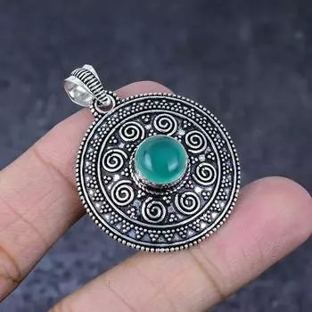 Подарочный кулон ручной работы из стерлингового серебра 925 пробы с натуральным зеленым ониксом 1,75 дюйма q3l95