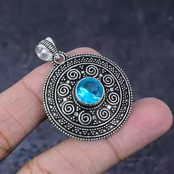 Подарочный кулон ручной работы из стерлингового серебра 925 пробы с натуральным синим топазом 1,75 дюйма v1l87