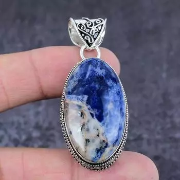Подарочный кулон ручной работы из стерлингового серебра 925 пробы с натуральным драгоценным камнем содалитом 2,21 дюйма S3d92