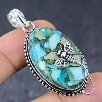 Подарочный кулон ручной работы с натуральной бирюзой и пиритом из стерлингового серебра 925 пробы 2,25 дюйма q8n66