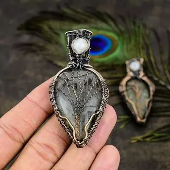 Подарочный кулон в обертке из медной проволоки, натуральный пренит, лунный камень, драгоценный камень, 2,76 дюйма, Y5E37