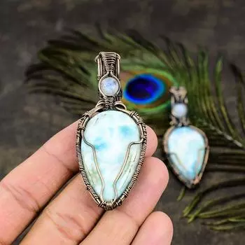 Подарочный кулон в обертке из медной проволоки из натурального карибского ларимара с драгоценным камнем 2,76 дюйма t0j03