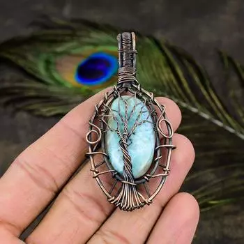 Подарочный кулон в обертке из медной проволоки с натуральным карибским драгоценным камнем Ларимар 2,99 дюйма T3J78