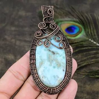 Подарочный кулон в обертке из медной проволоки с натуральным карибским драгоценным камнем Ларимар 3,86 q4Y76