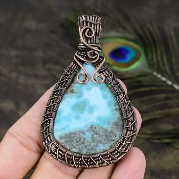 Подарочный кулон в обертке из медной проволоки с натуральным карибским драгоценным камнем Ларимар 3,39 z3d93