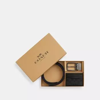 Подарочный набор Coach Boxed Card Case And Belt In Signature Canvas Gunmetal Charcoal Black