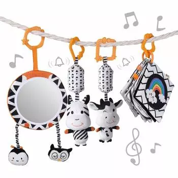 Подарочный набор детских игрушек Черно-белое зеркало для животика, плюшевые погремушки, кольца и морщинки, книжка из мягкой ткани, флеш-карта, подвесная игрушка для автокресла, коляски Package size:24*8*17cm