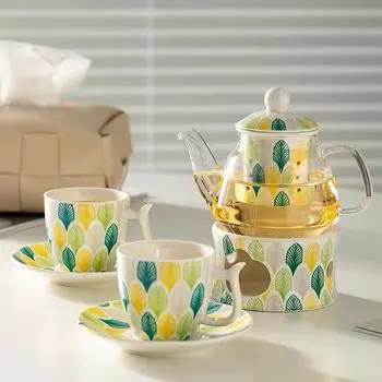 Подарочный набор для чая из цветочного фарфора, стеклянный чайник с заварником и подогревателем для чайника, керамическая чашка для чая, блюдце, кофейная кружка, пригодная для использования в микроволновой печи