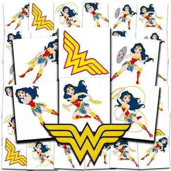 Подарочный набор для вечеринки с татуировками Wonder Woman ~ 72 перфорированных индивидуальных временных татуировки 5,1 x 5,1 см для детей, мальчиков и девочек (Чудо-принадлежности) 180377