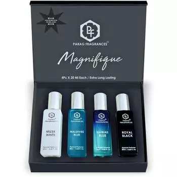 Подарочный набор духов Magnifique/Давные духи длительного действия, 4 шт. по 20 мл в каждой упаковке (Мускусный белый, Мальдивский синий, Гавайский синий, Королевский черный) 4 Pc of 20ml Each