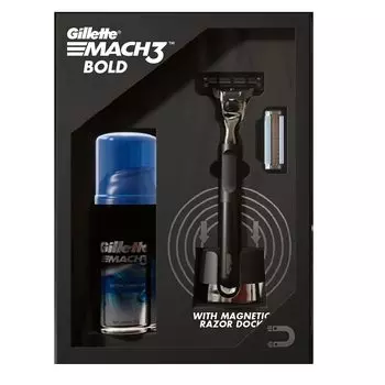 Подарочный набор Gillette Mach3 Bold (Тяжелая, черная, стильная бритва Bold + 1 картридж + гель Mach3 + магнитная док-станция для бритвы)
