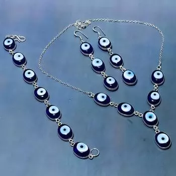 Подарочный набор из натурального синего сглаза, изготовленный вручную из стерлингового серебра 925 пробы o2D90