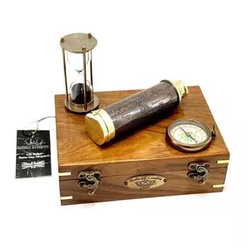 Подарочный набор на морскую тематику, персонализированный подарок, подарок с индивидуальной гравировкой, телескоп, латунный компас, латунные песочные часы, песочные часы. Антикварный подарочный набор на морскую тематику.